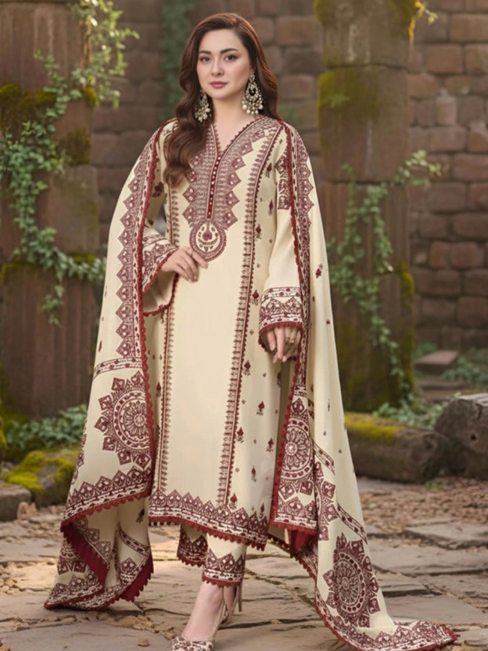Elegant Cream & Maroon Embroidered Salwar Kameez